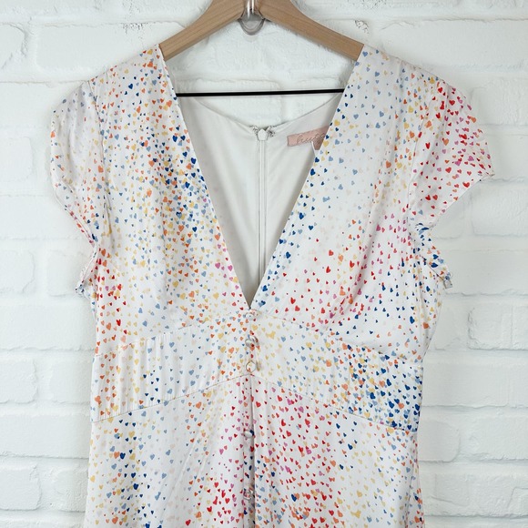 Hutch Multi Color Heart Maxi Dress White Satin Hi Low short sleeves V-neck 10 - Picture 2 of 15